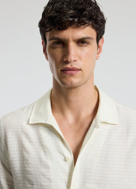 Textured Cotton Linen Short Sleeve Shirt Ivory