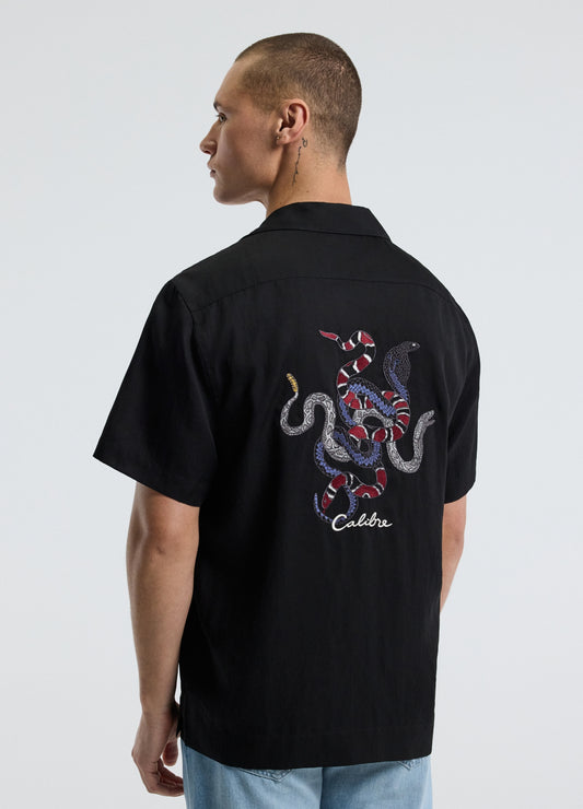 Snake Embroidered Short Sleeve Shirt Black