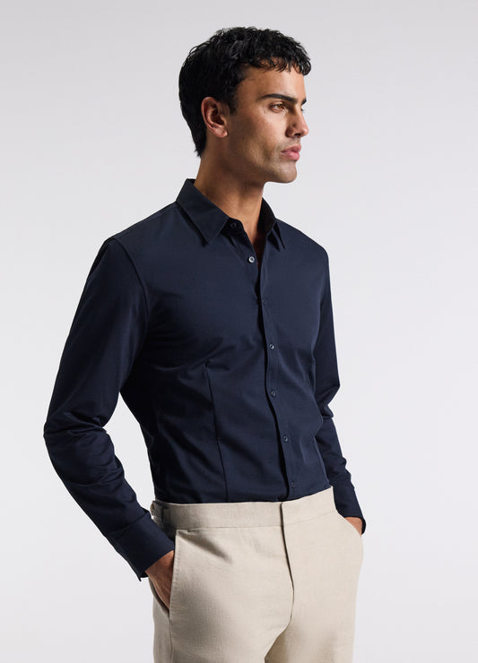 Textured Knit Stretch Shirt Navy