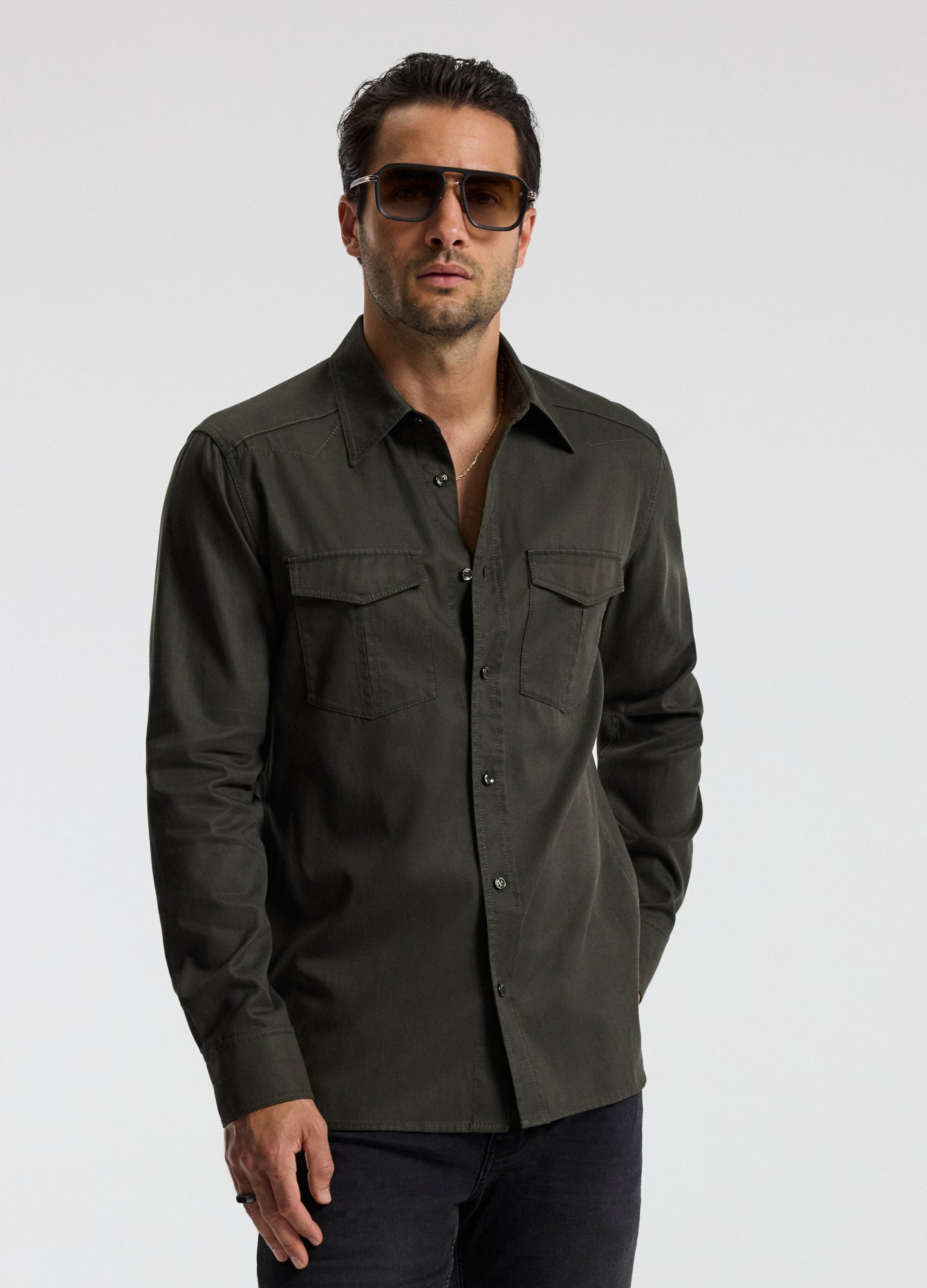 Slim Washed Pocketed Shirt Khaki