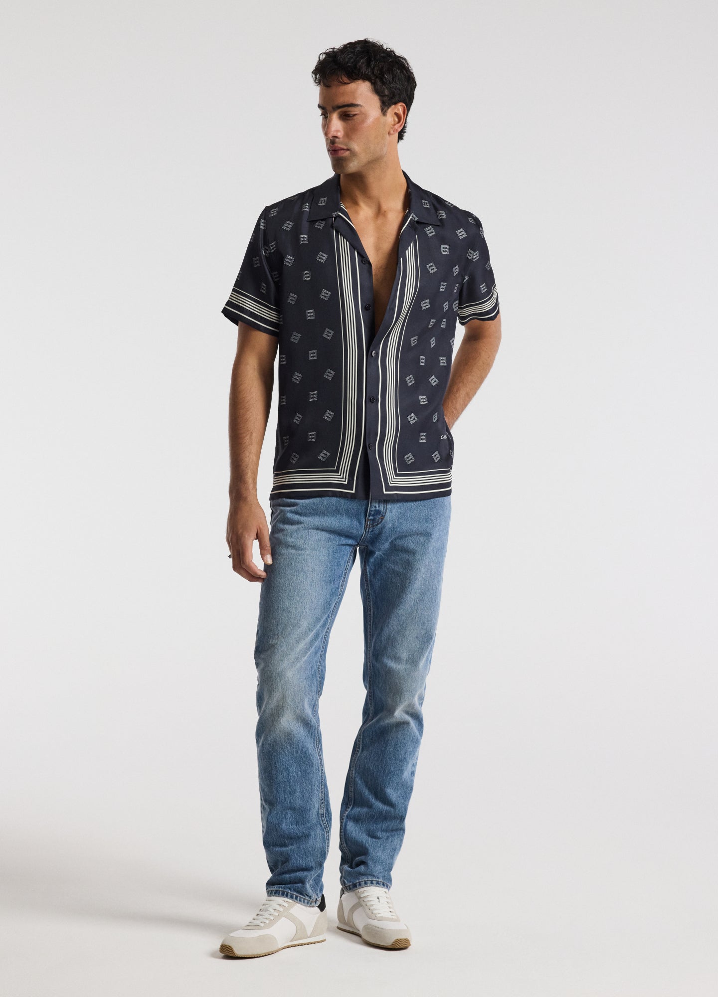 Monogram Scarf Silk Shirt Navy
