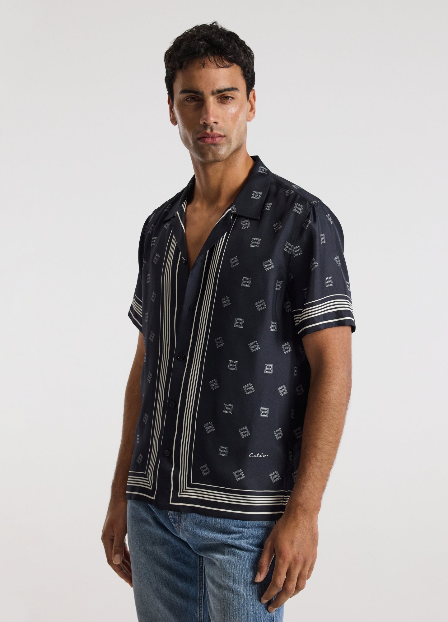 Monogram Scarf Silk Shirt Navy