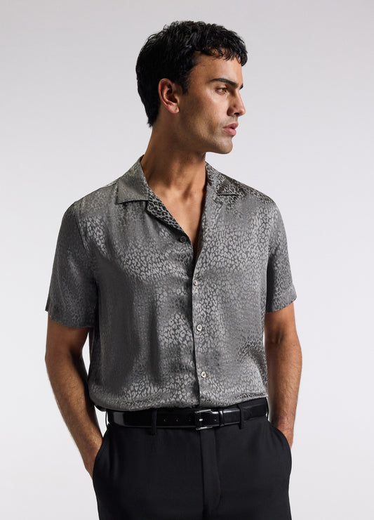 Leopard Camp Collar Silk Shirt Zinc