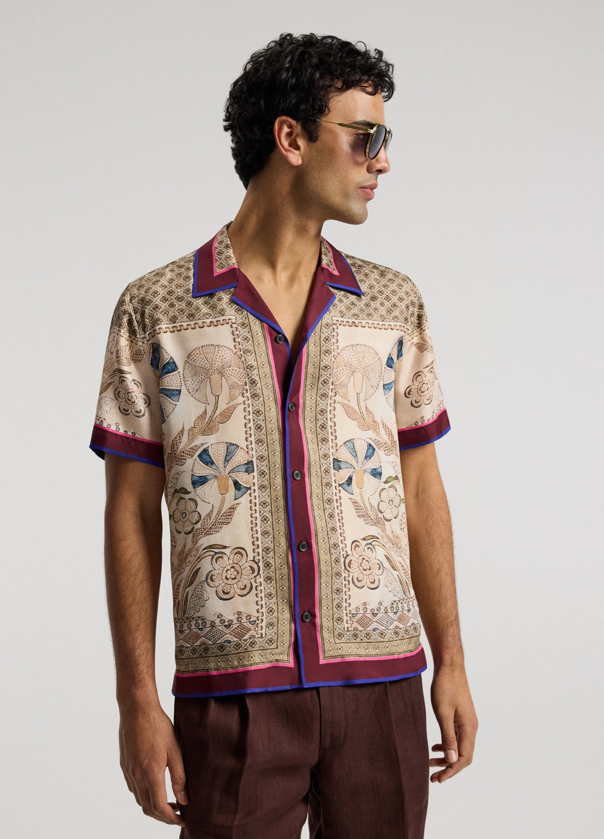 Camp Collar Mosaic Silk Shirt Sand