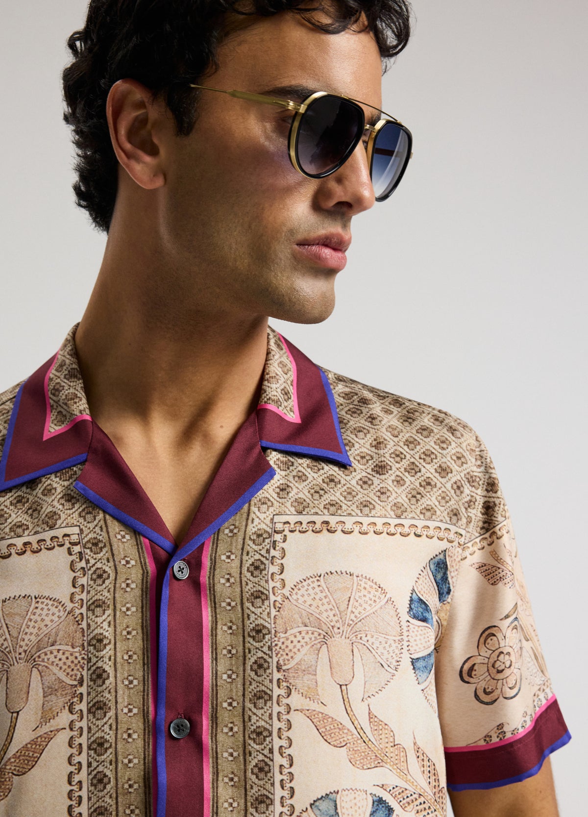 Camp Collar Mosaic Silk Shirt Sand