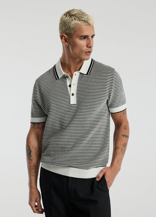 Textured Stripe Knit Polo Grey