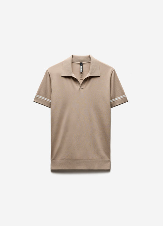Stripe Cuff Open Neck Polo Sand