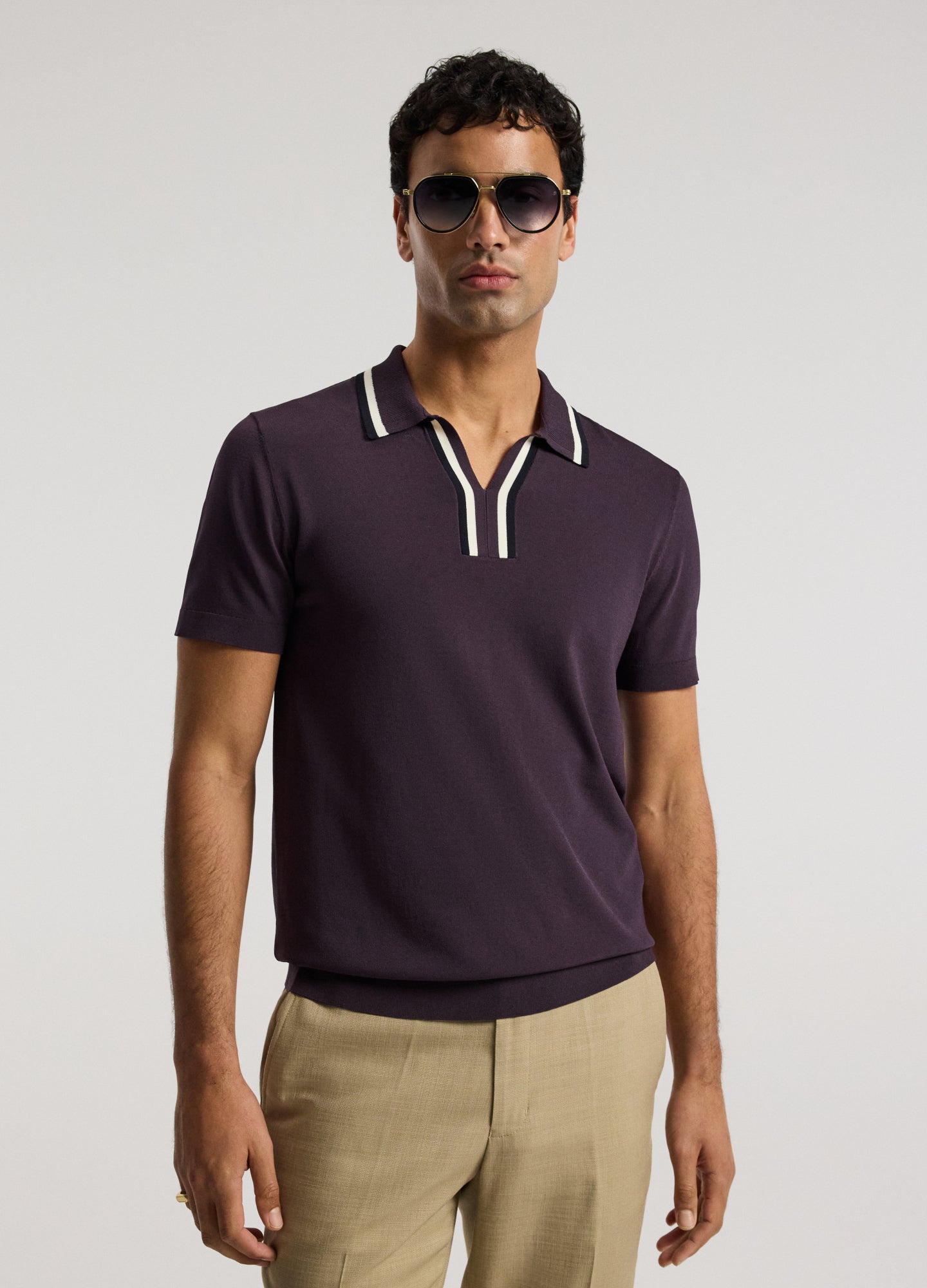 Stripe Open Neck Knit Polo Plum