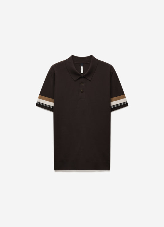 Contrast Cuff Technical Knit Polo Chocolate