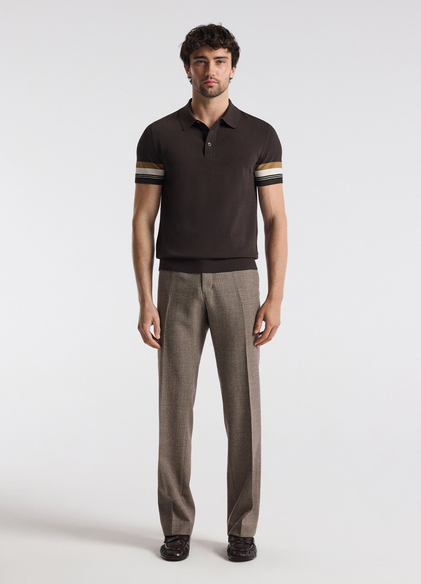 Contrast Cuff Technical Knit Polo Chocolate