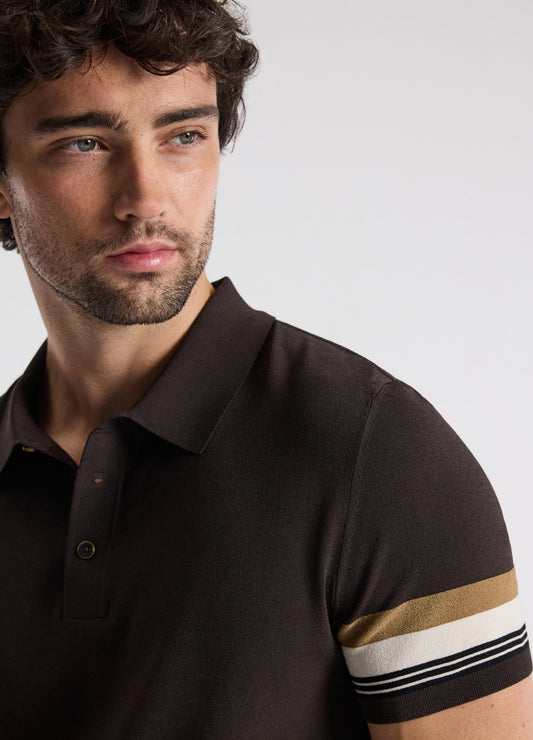 Contrast Cuff Technical Knit Polo Chocolate