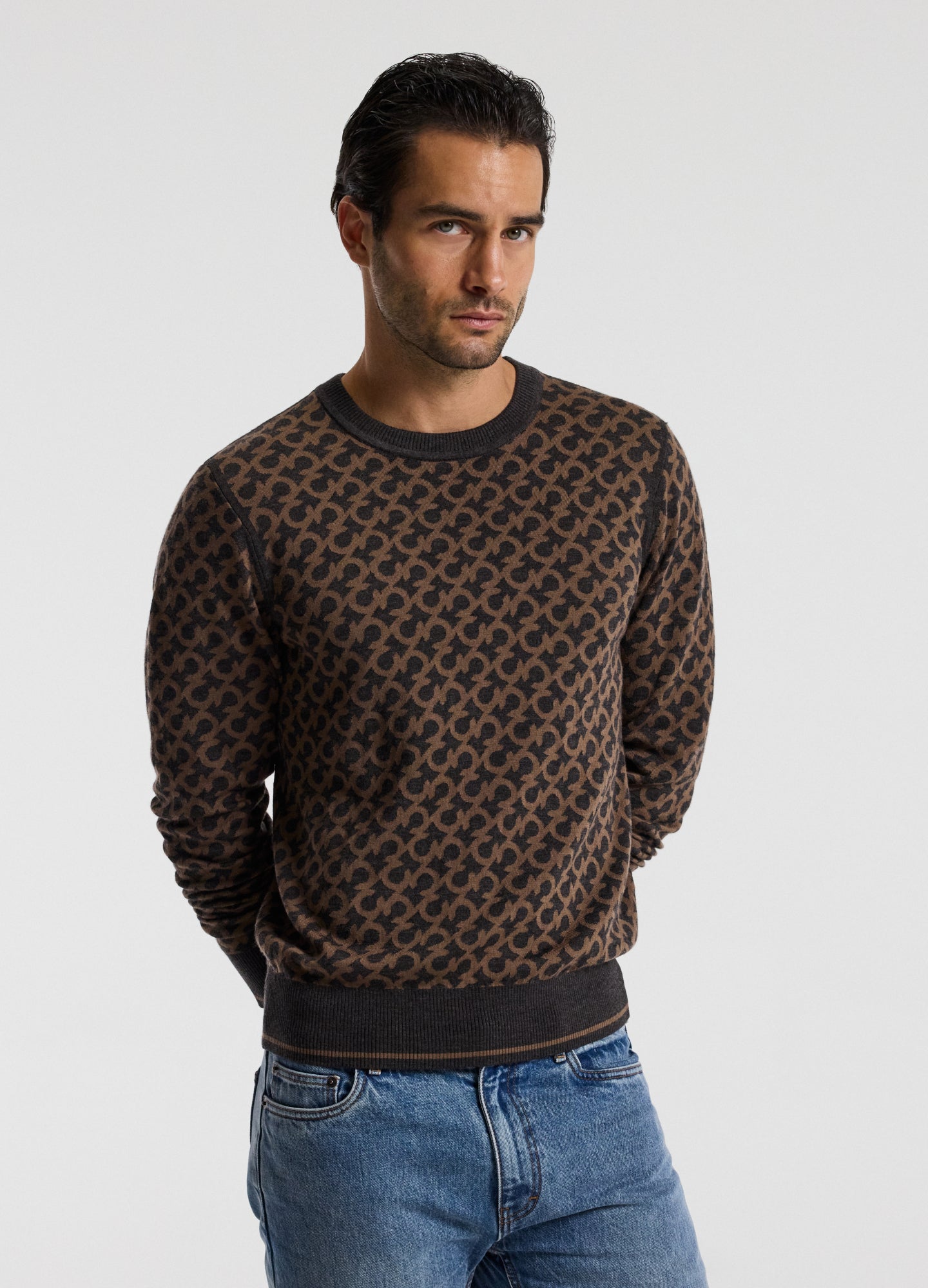 Monogram Jacquard Merino Wool Sweater Camel