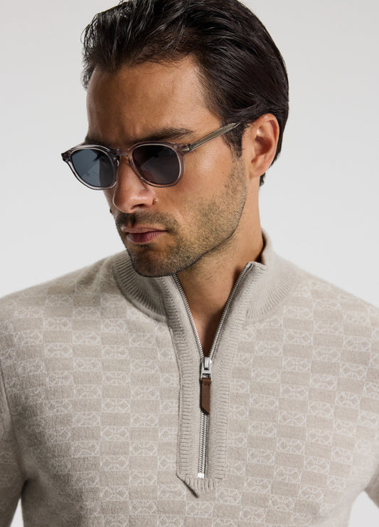 Quarter Zip Monogram Jacquard Sweater Stone