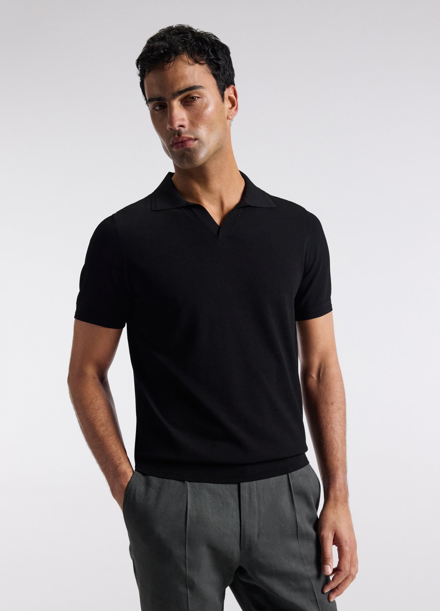 Technical Knit Rib Collar Polo Black