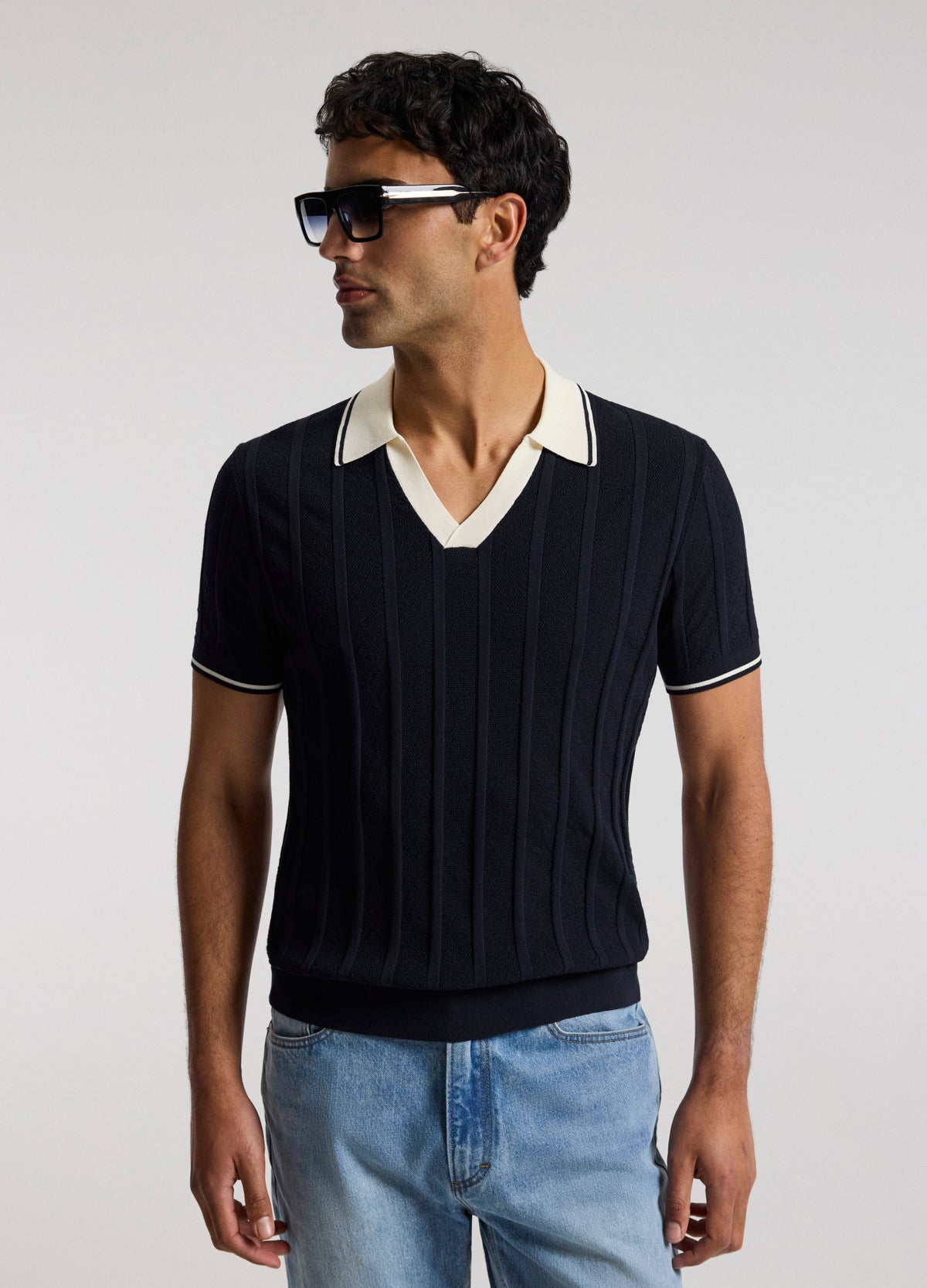 Contrast Trim Stripe Polo Navy