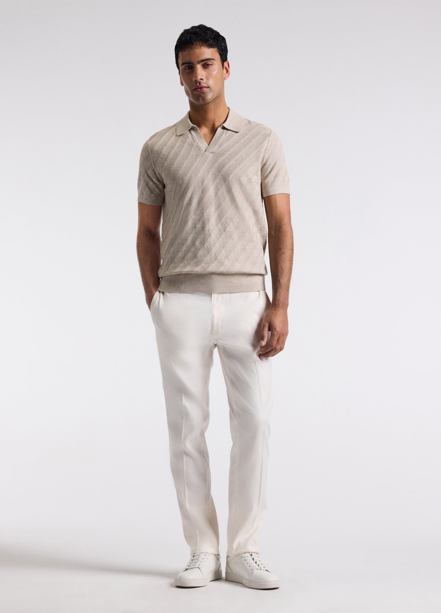 Linen Blend Open Neck Polo Sand
