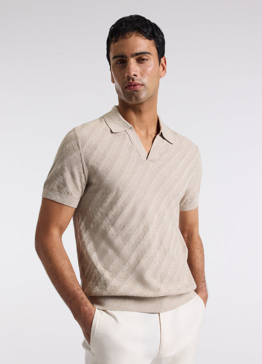 Linen Blend Open Neck Polo Sand