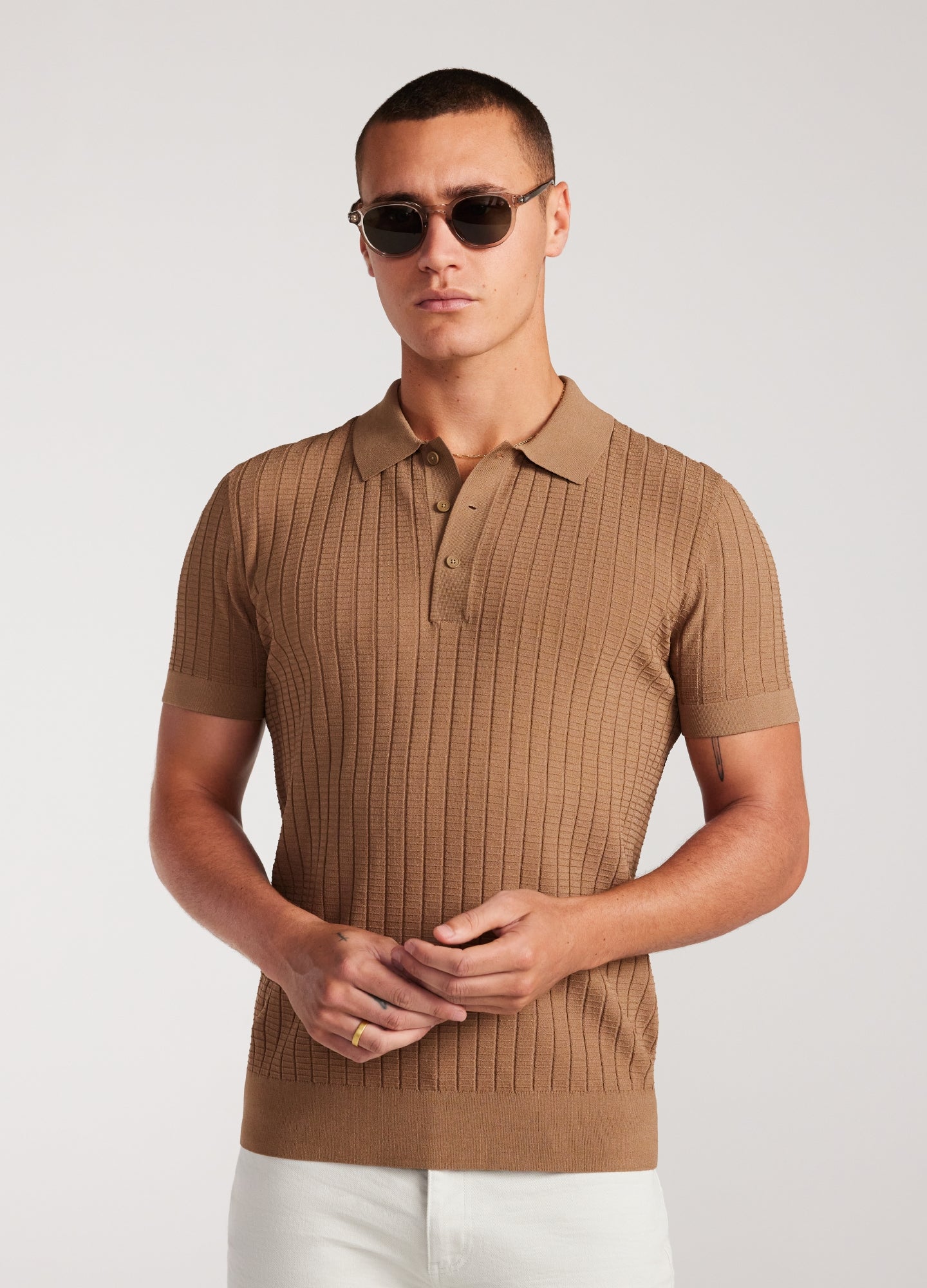 Textured Rib Tech Knit Polo New Caramel