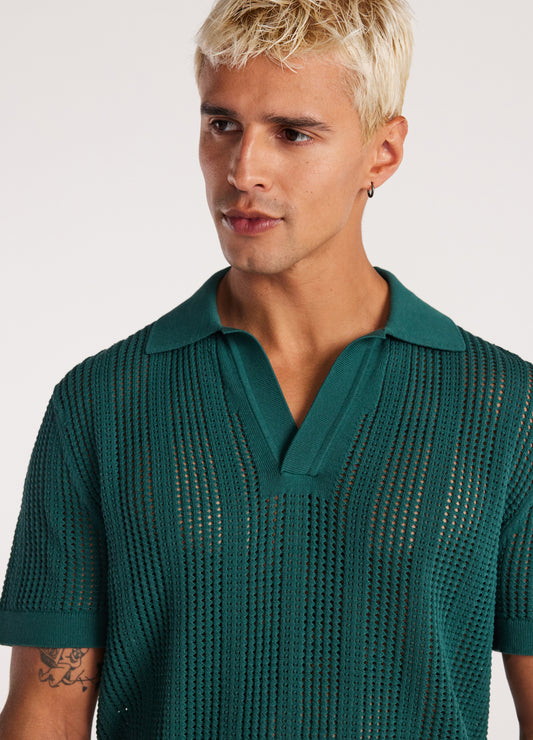 Self Stripe Mesh Knit Polo Jade