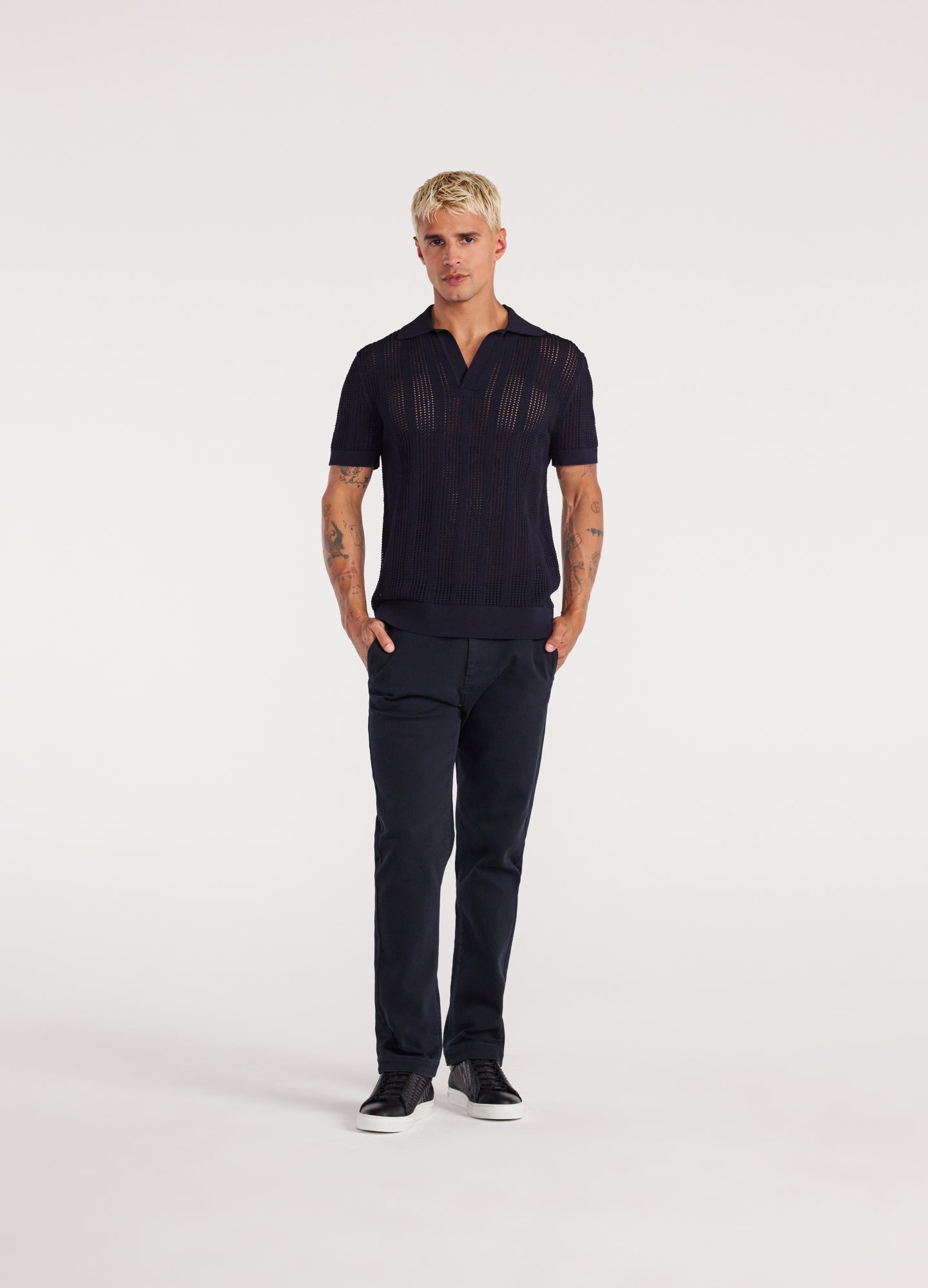 Self Stripe Mesh Knit Polo Navy