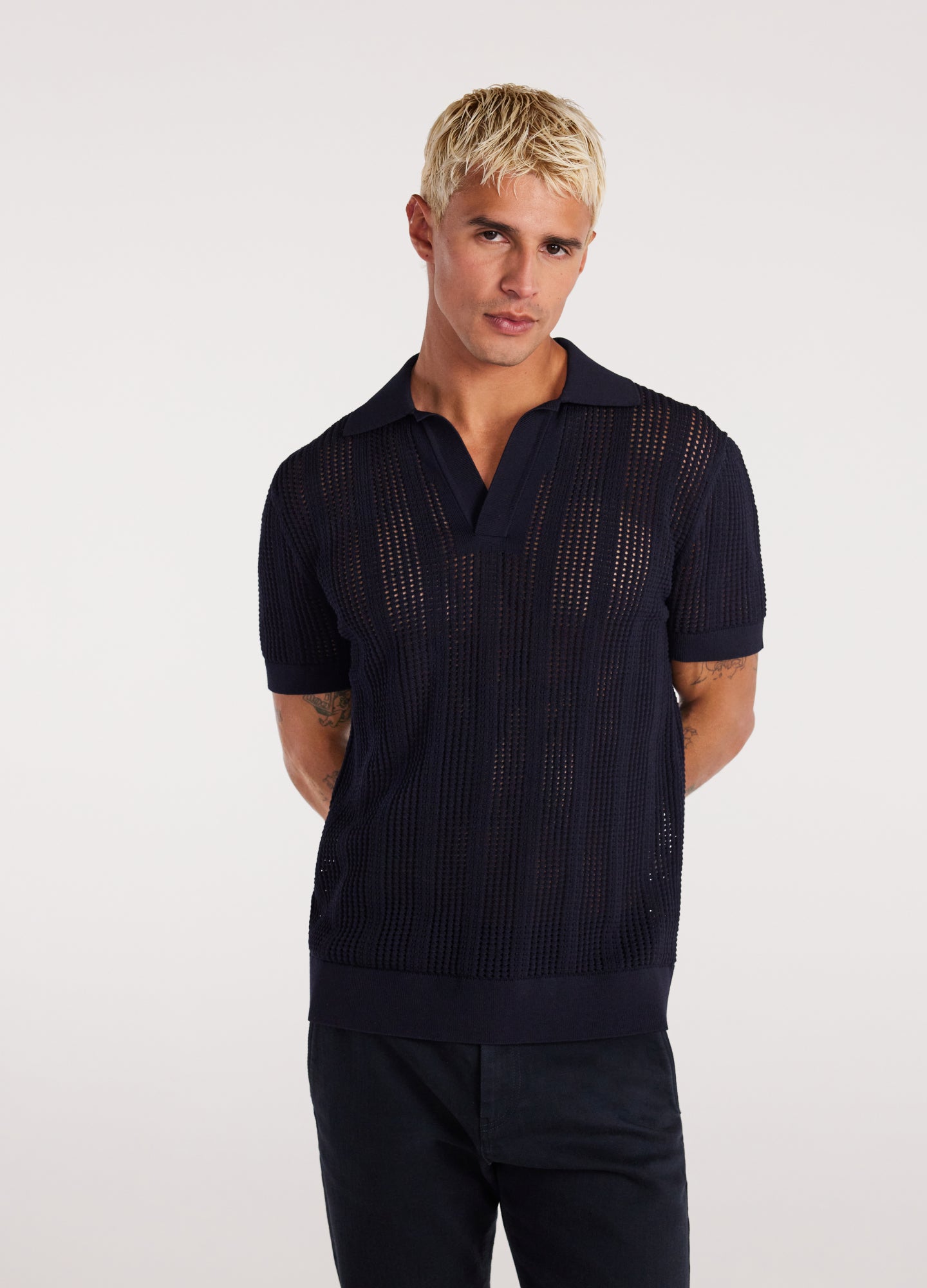 Self Stripe Mesh Knit Polo Navy