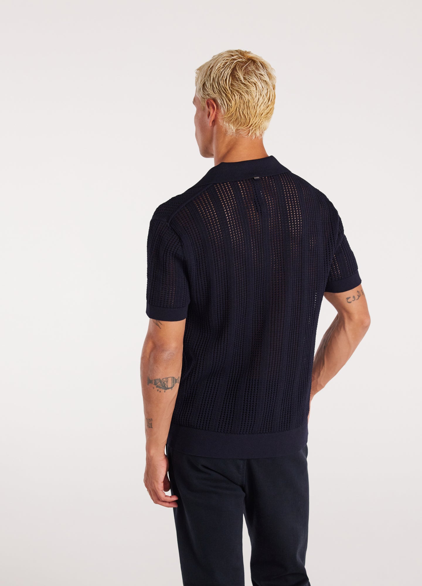 Self Stripe Mesh Knit Polo Navy