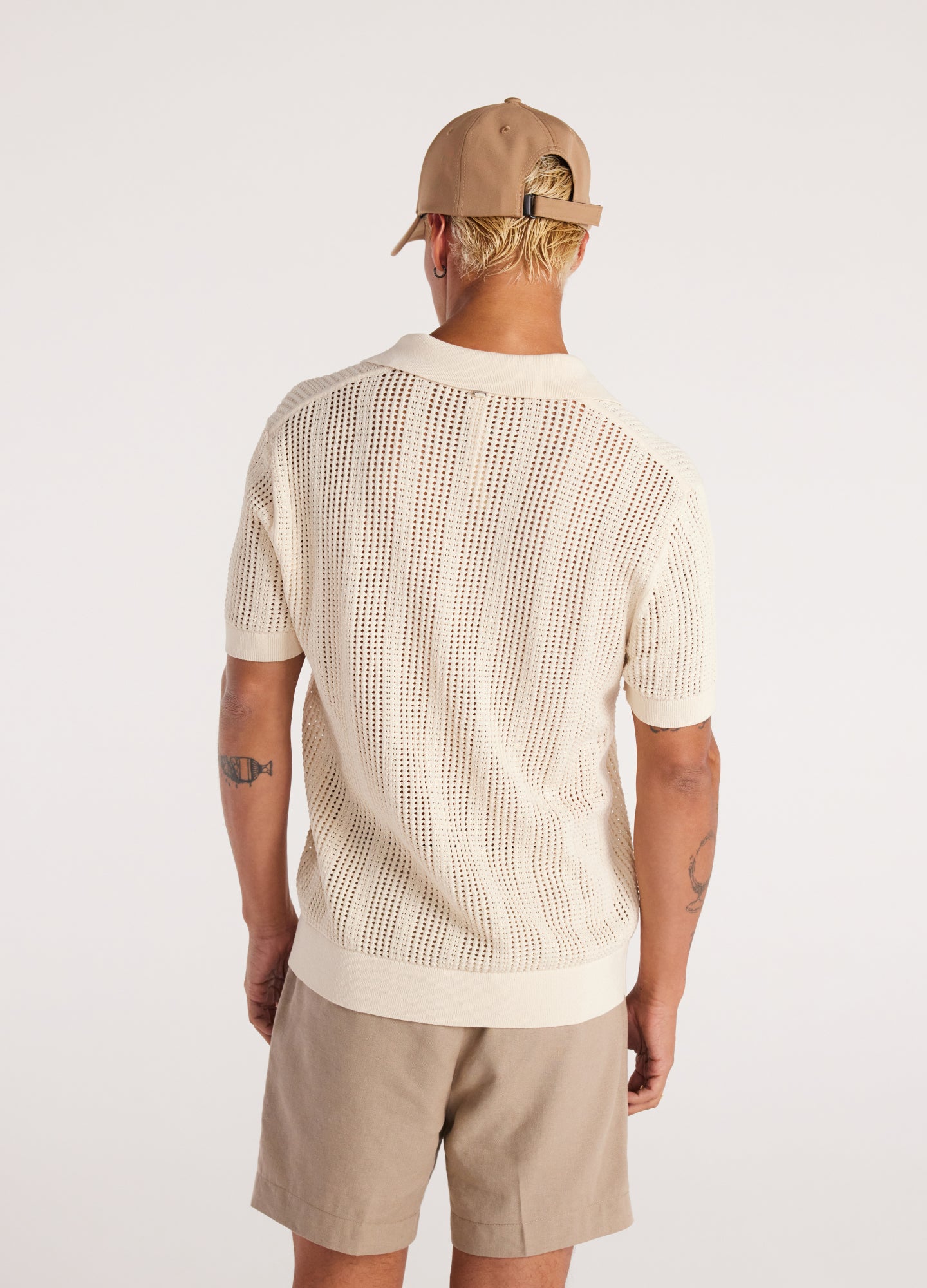 Self Stripe Mesh Knit Polo Wheat