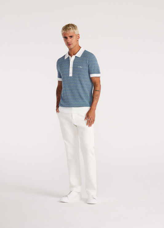 Multi Tone Jacquard Knit Polo Blue