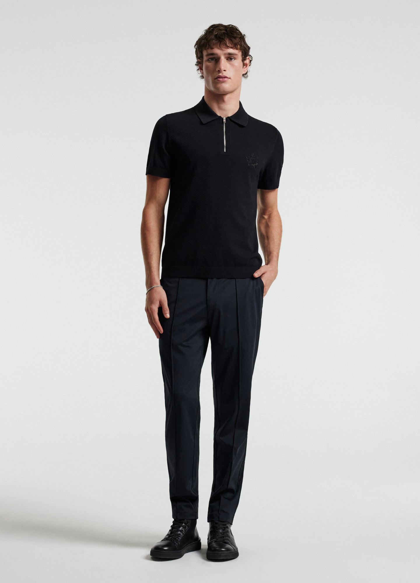 Cotton Zip Neck Polo Black