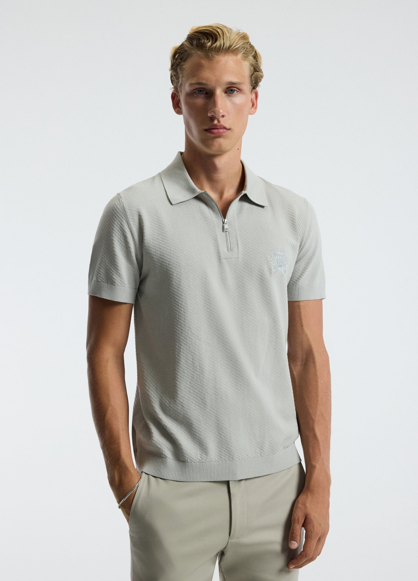 Cotton Zip Neck Polo Silver