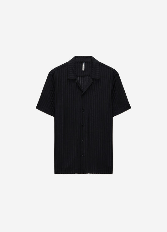 Striped Open Knit Short Sleeve Shirt Black