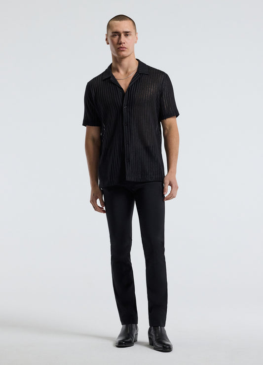 Striped Open Knit Short Sleeve Shirt Black