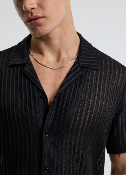 Striped Open Knit Short Sleeve Shirt Black