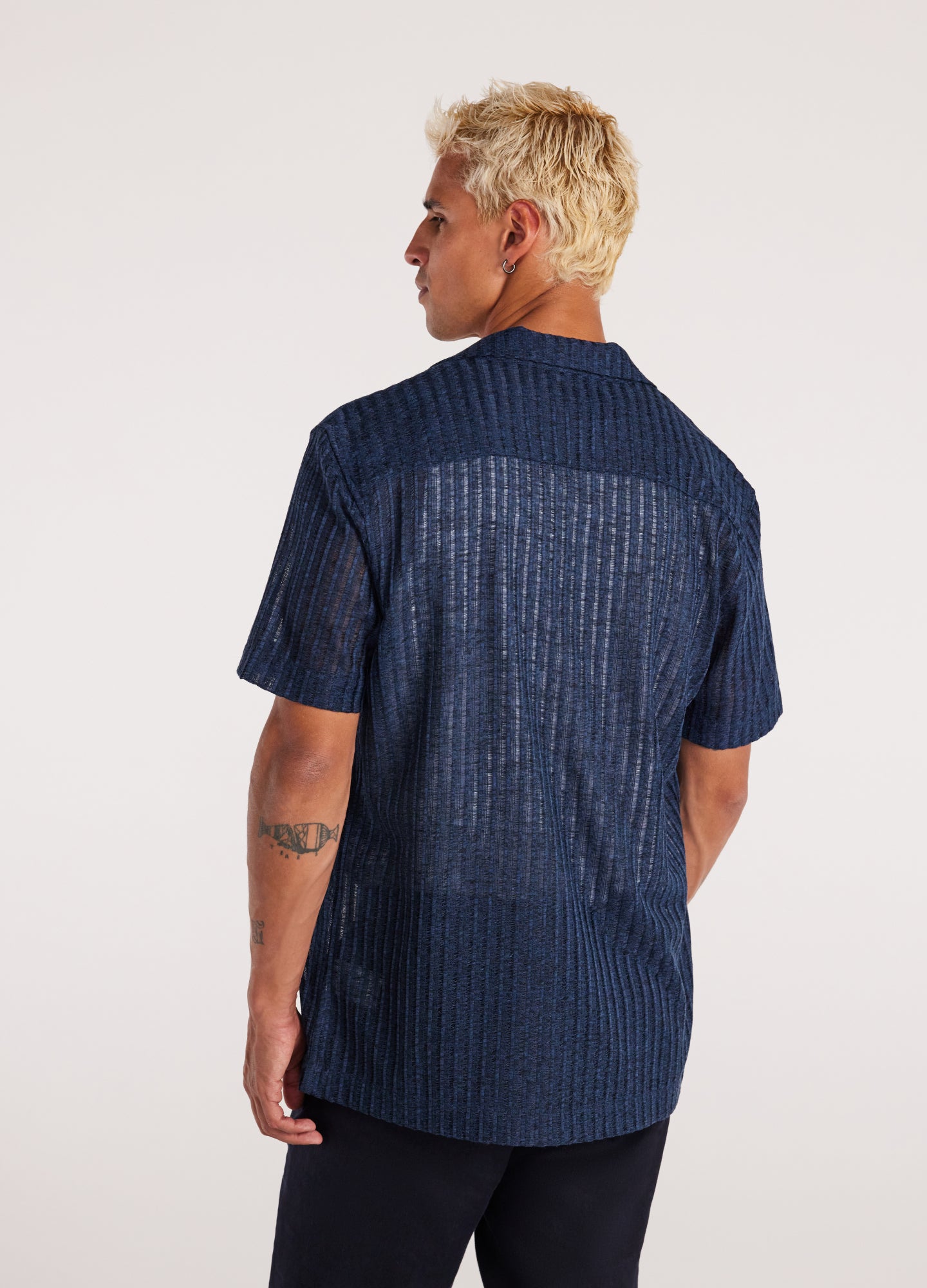 Striped Open Knit Short Sleeve Shirt Delft Blue