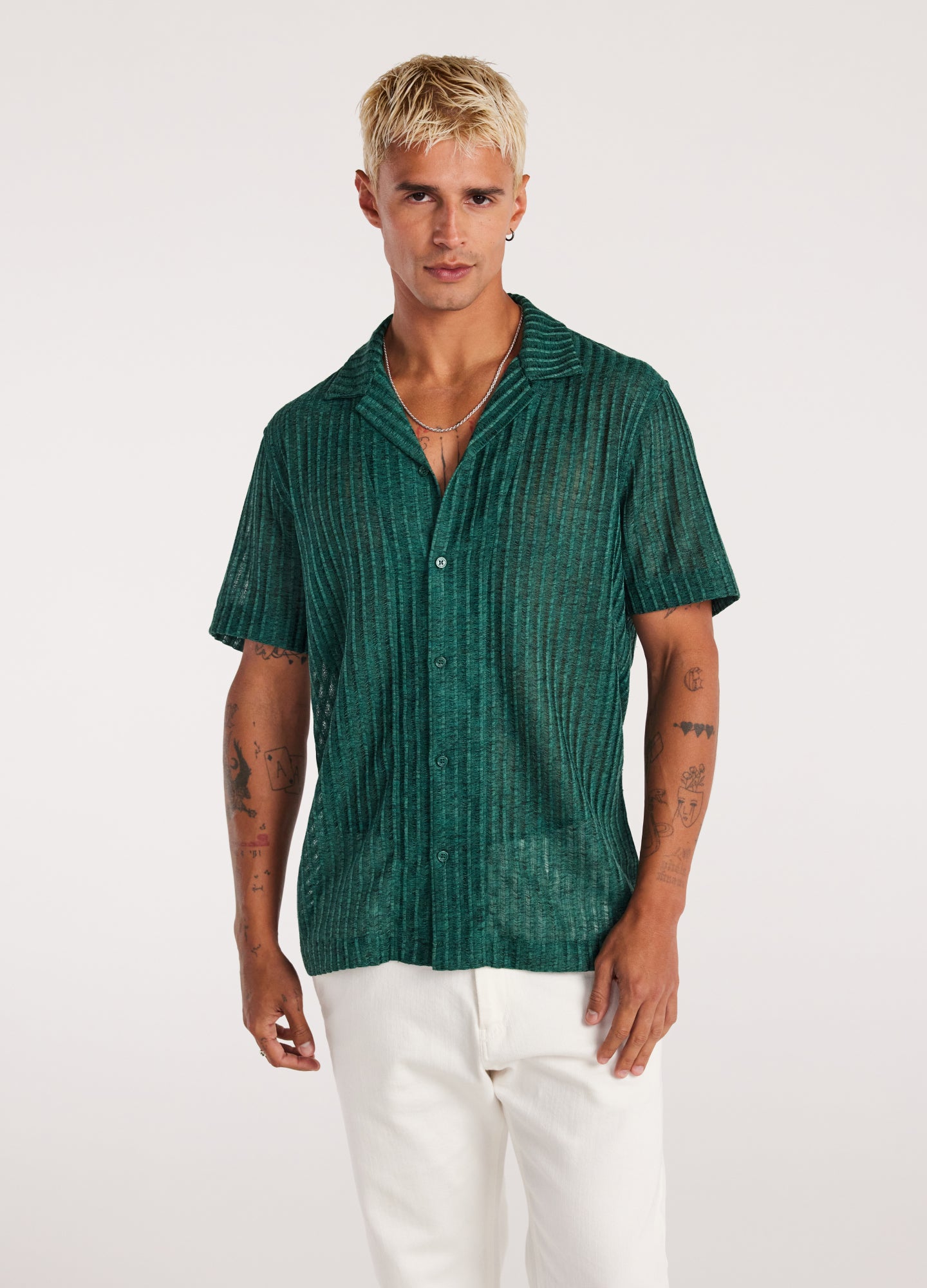 Striped Open Knit Short Sleeve Shirt Jade