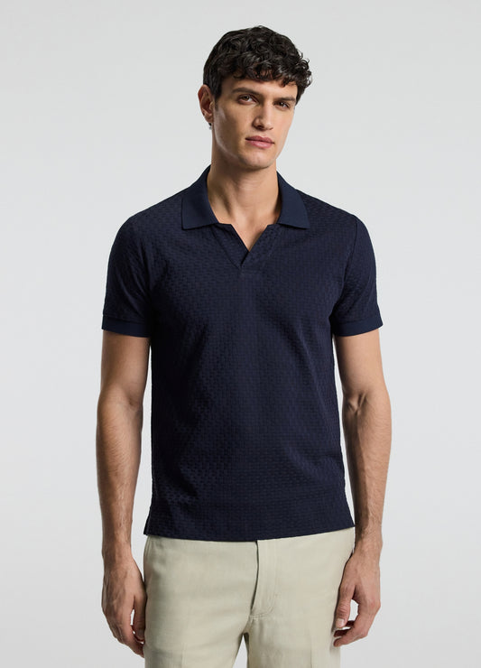 Textured Open Neck Polo Navy