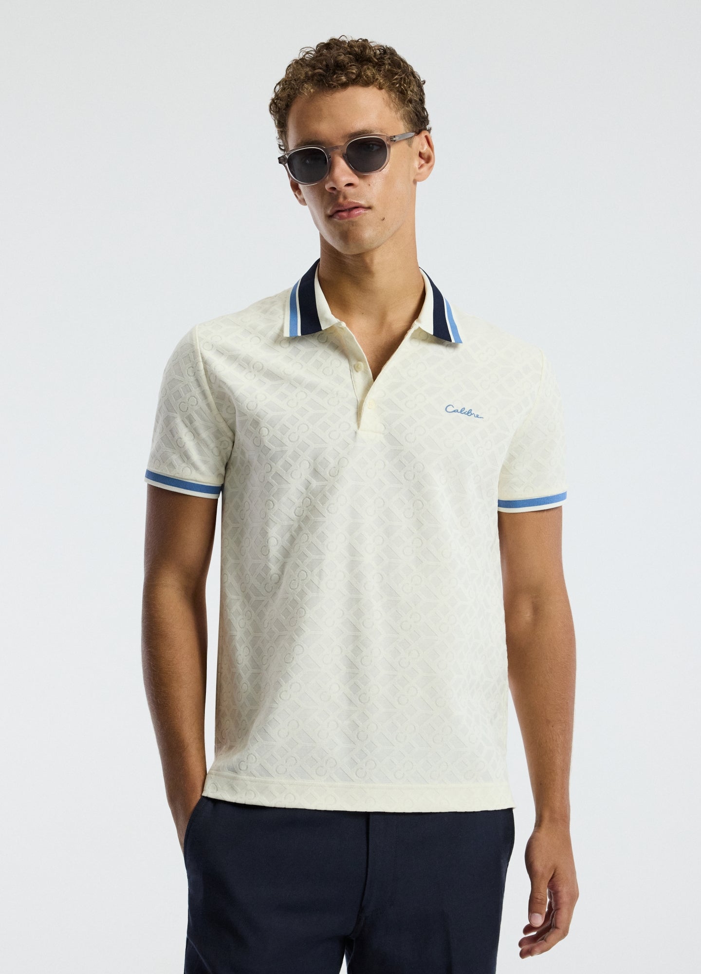 Striped Trim Monogram Polo Cream