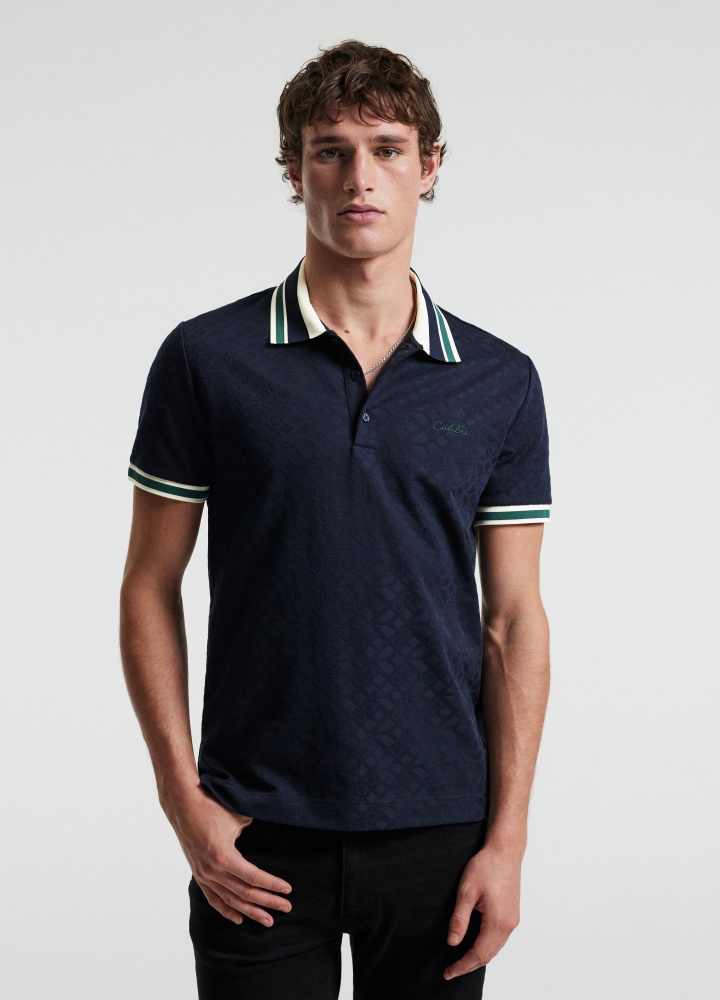 Striped Trim Monogram Polo Navy
