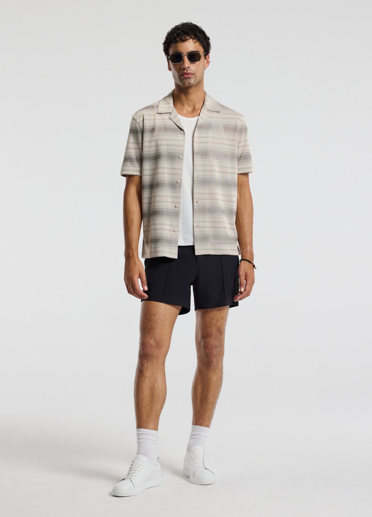 Textured Stripe Cuban Collar Shirt Neutral