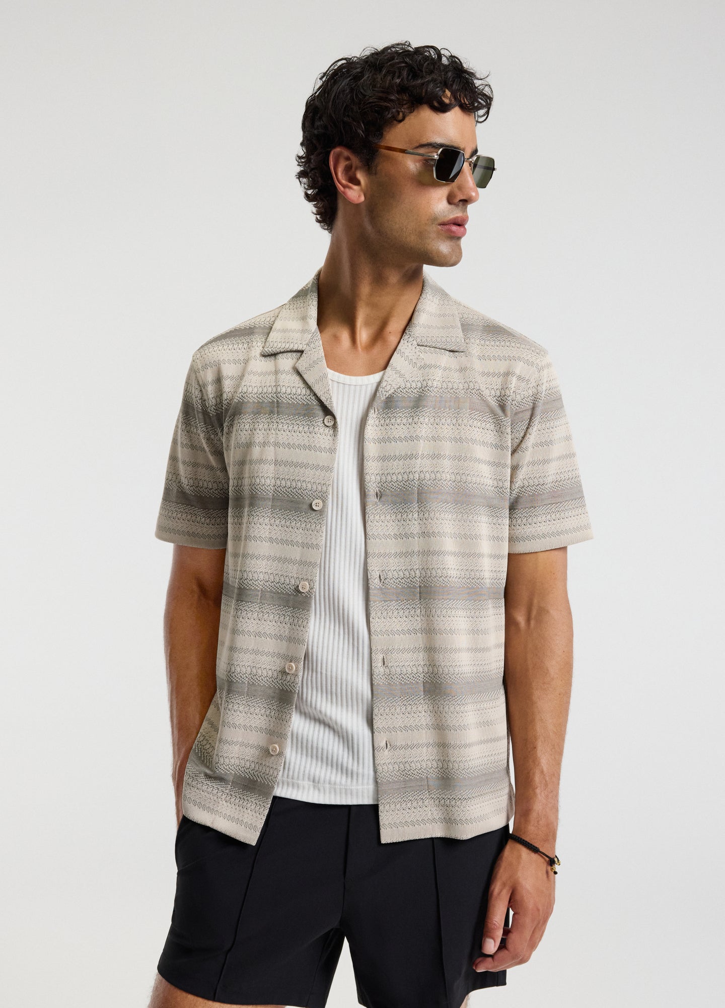 Textured Stripe Cuban Collar Shirt Neutral