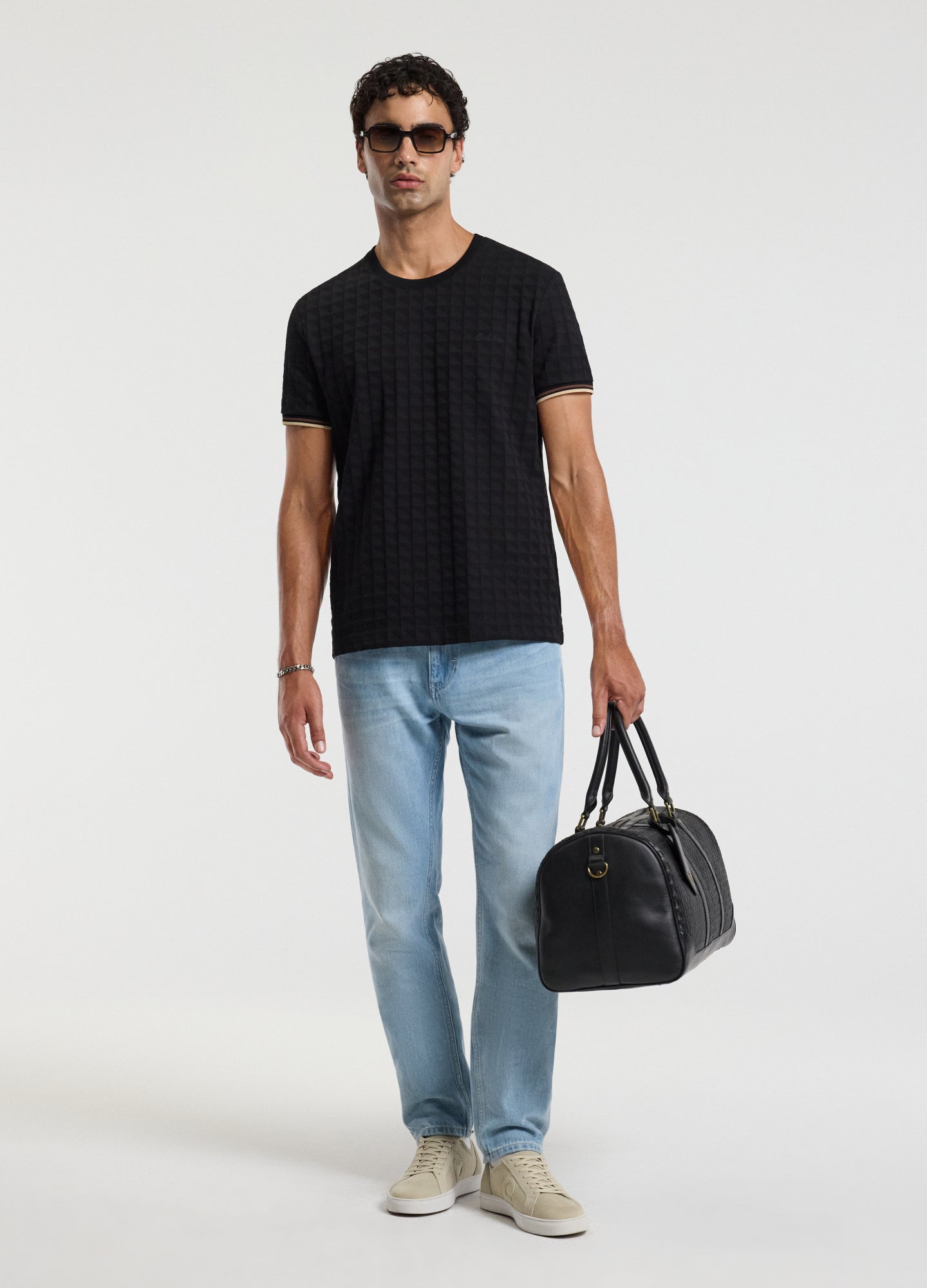 Stripe Trim Jacquard T-shirt Black