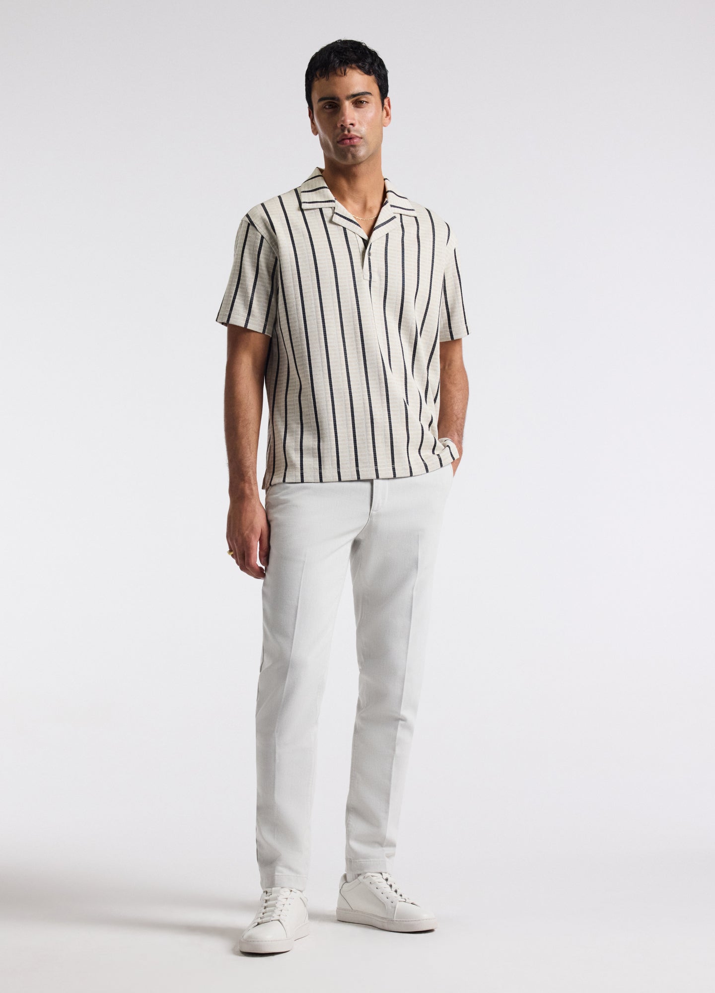 Loose Fit Stripe Cuban Collar Polo Sand